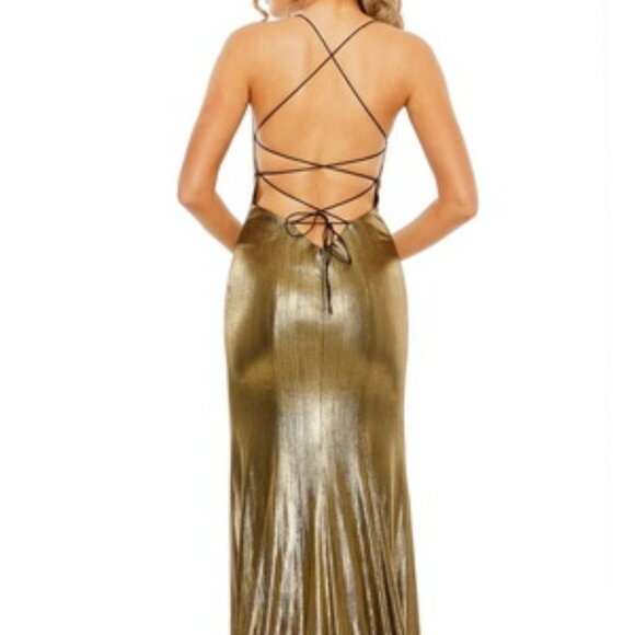 Ieena Mac Duggal Antique Gold Metallic Corset Back Column Gown - Picture 3 of 4